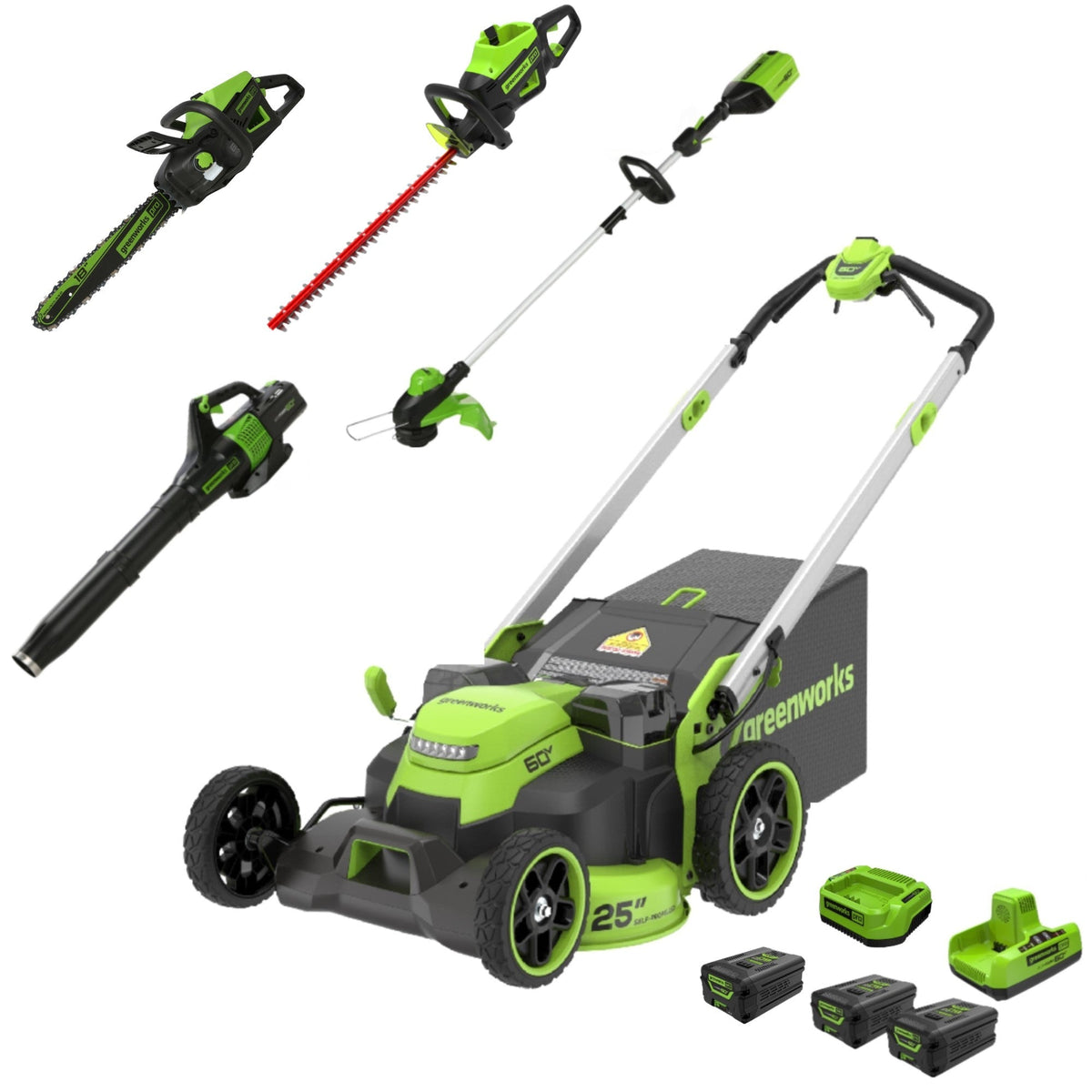 60V 25″ Dual Blade Self-Propelled Mower 5-pc Combo Kit, (3) 4.0 Ah Batteries, (1) Single Port Chargers and (1) Dual-Port Charger