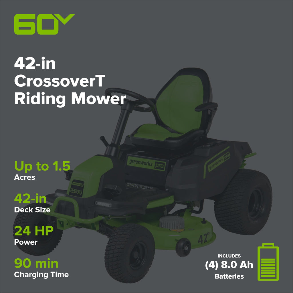 60V 42″ Cordless Battery CrossoverT Riding Lawn Mower, (4) 8.0 Ah Batteries and (2) Dual-Port Turbo Chargers