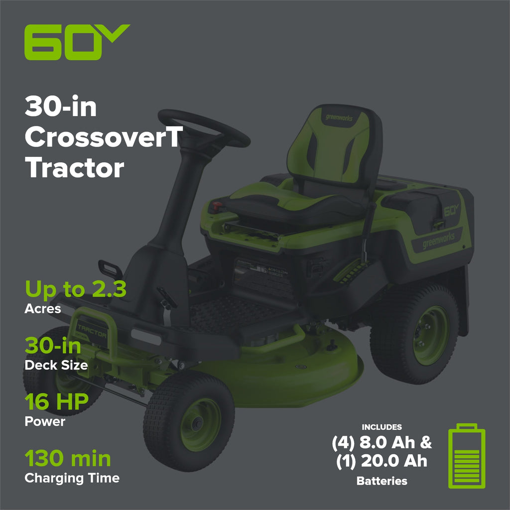 60V 30″ CrossoverT Riding Lawn Tractor, Bagger Included, (4) 8.0 Ah (1) 20.0Ah Batteries and 600-Watt Charger