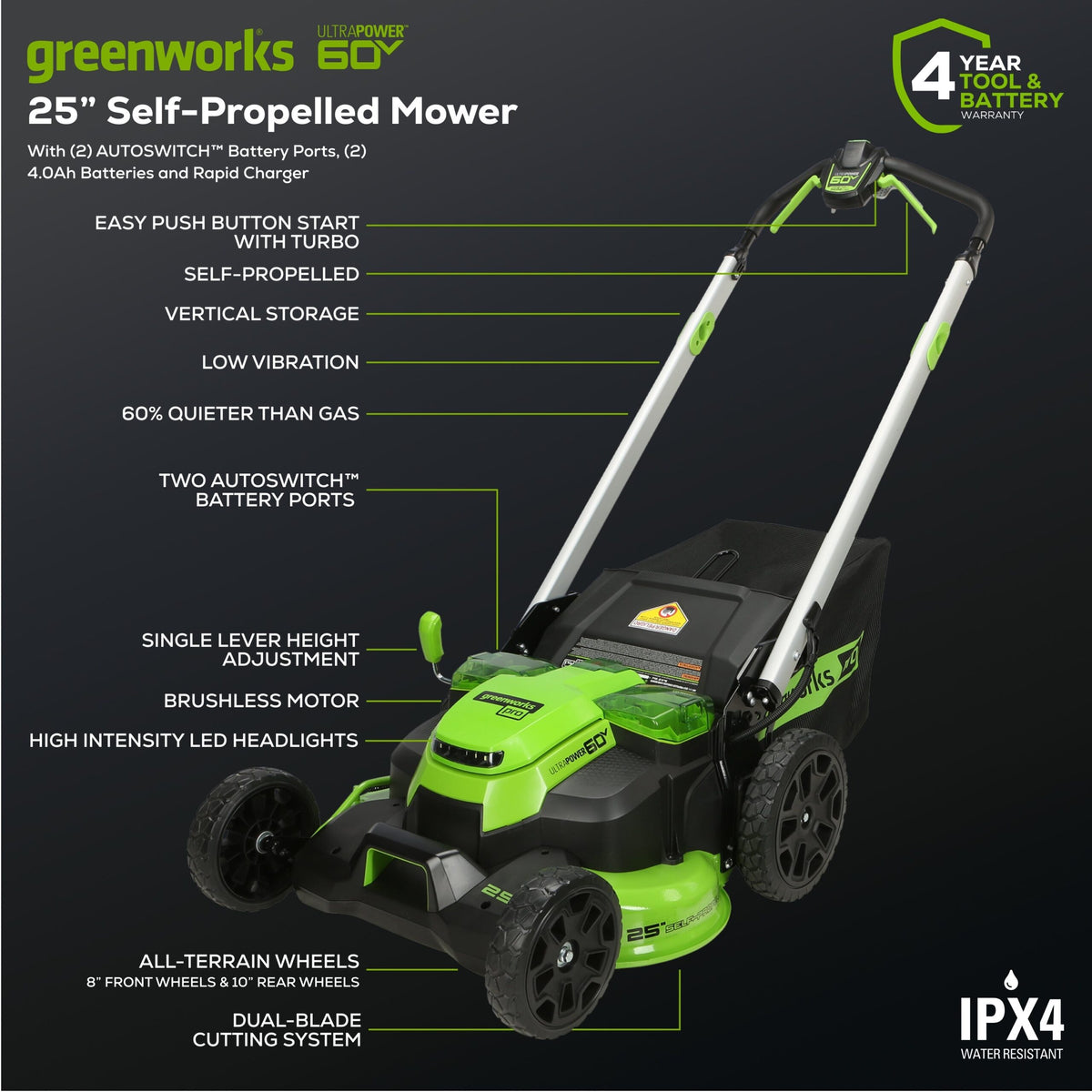 60V 25″ Cordless Battery Dual Blade Self-Propelled Lawn Mower w/ Two (2) 4.0Ah Batteries & Dual-Port Charger