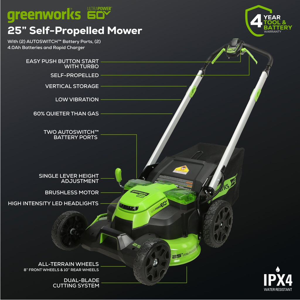 60V 25″ Self-Propelled Lawn Mower 4-pc Combo Kit: (2) 4.0 Ah Batteries and Dual-Port Charger