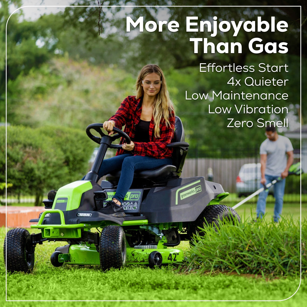 60V 42″ Cordless Battery CrossoverT Riding Lawn Mower, (4) 8.0 Ah Batteries and (2) Dual-Port Turbo Chargers