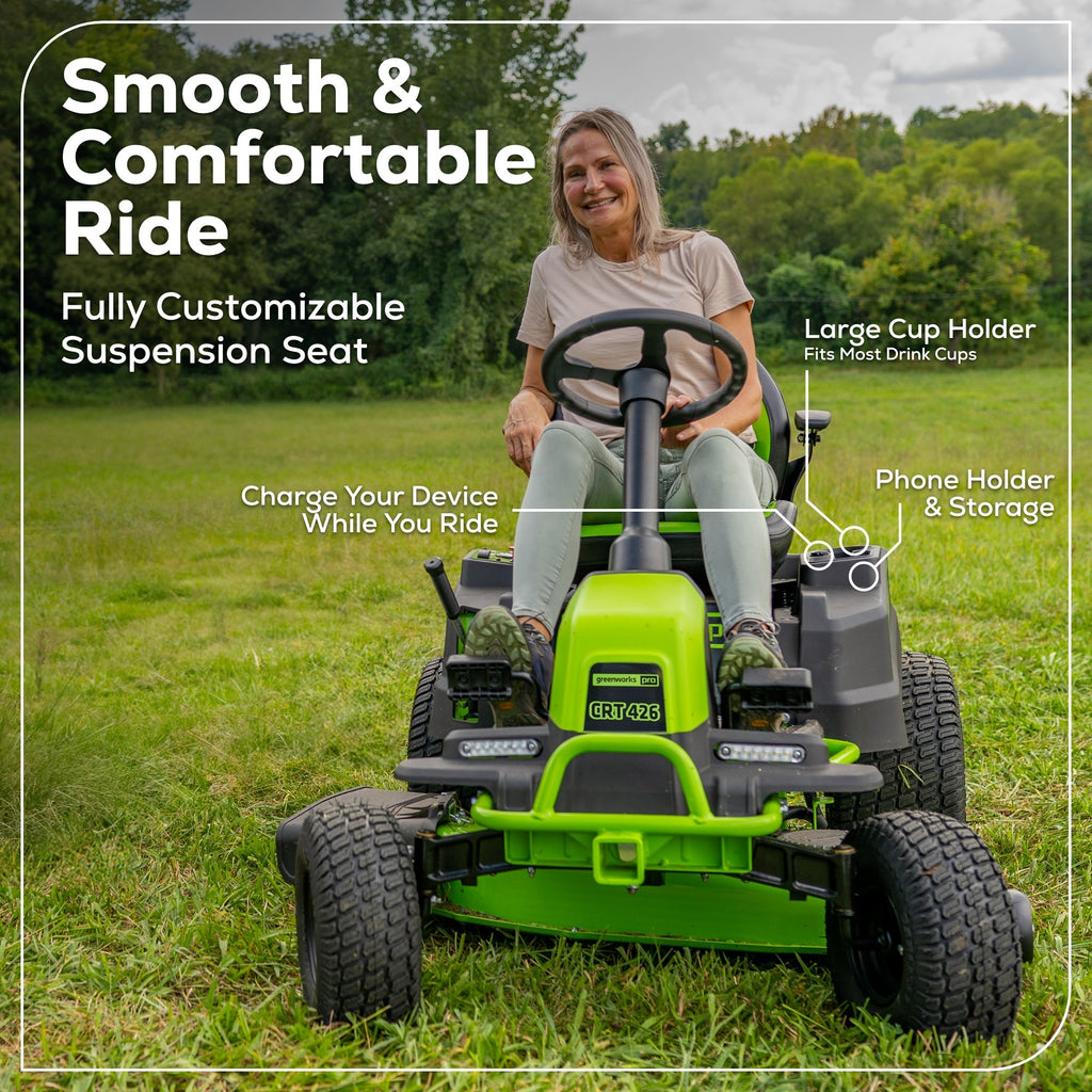 60V 42″ Cordless Battery CrossoverT Riding Lawn Mower, (4) 8.0 Ah Batteries and (2) Dual-Port Turbo Chargers